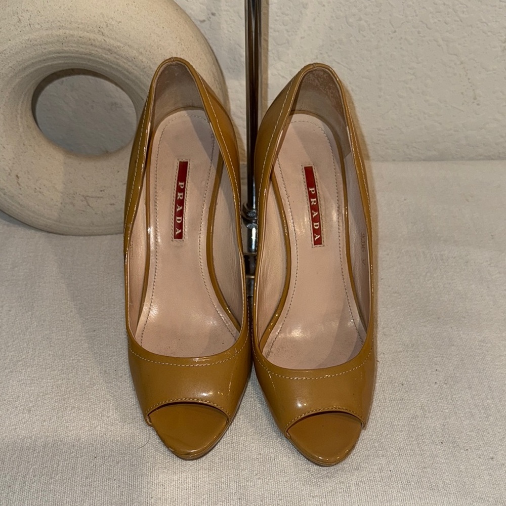 Prada Tan Leather Peep-Toe Heels
